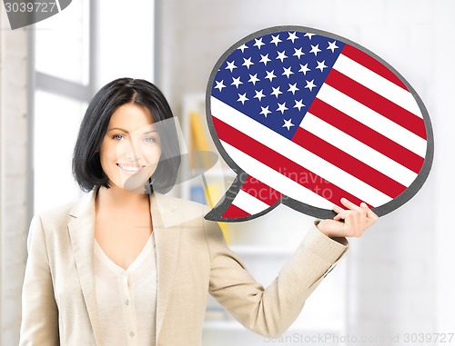 Image of smiling woman with text bubble of american flag