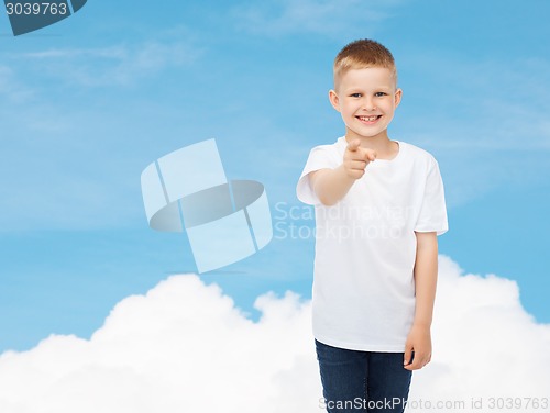 Image of smiling little boy in white blank t-shirt