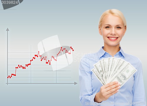 Image of young businesswoman with dollar cash money