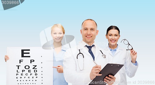 Image of group of smiling doctors with eye chart