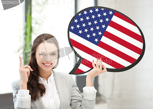 Image of smiling woman with text bubble of american flag