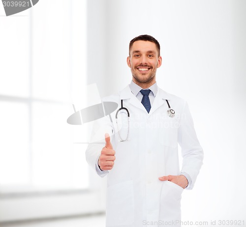 Image of smiling doctor with stethoscope showing thumbs up