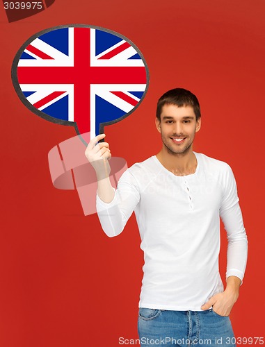 Image of smiling man with text bubble of british flag