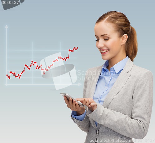 Image of young smiling businesswoman with smartphone