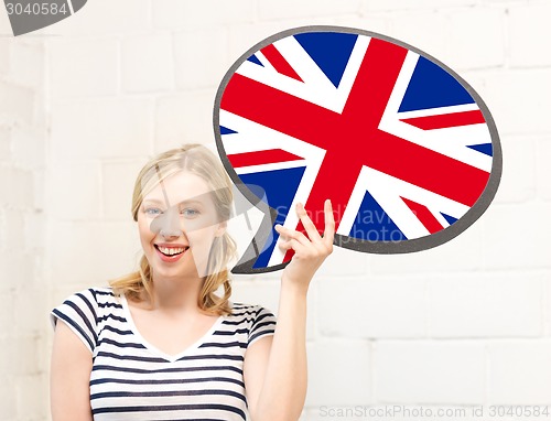 Image of smiling woman with text bubble of british flag