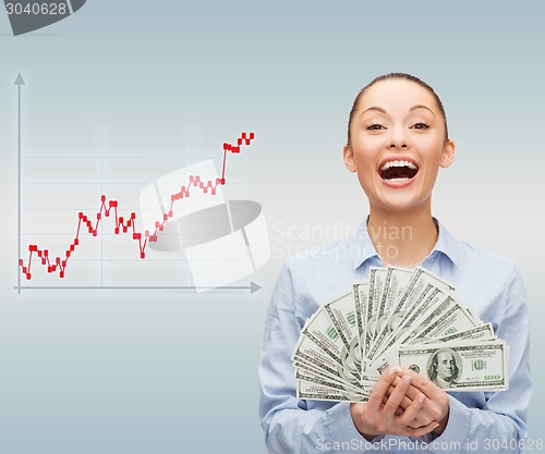 Image of young businesswoman with dollar cash money