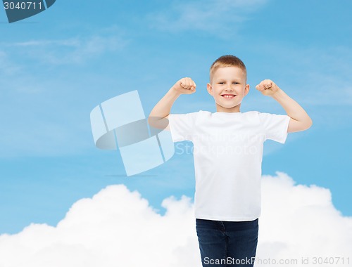 Image of smiling little boy in white blank t-shirt