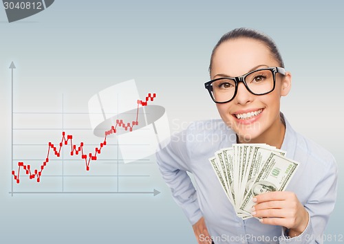 Image of young businesswoman with dollar cash money