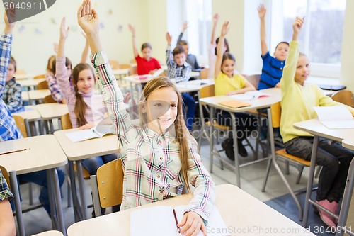 Image of group of school kids raising hands in classroom