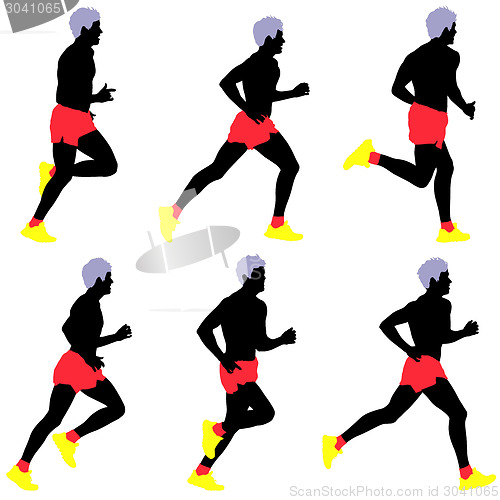 Image of Set of silhouettes. Runners on sprint, men. vector illustration.