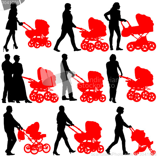 Image of Silhouettes  walkings mothers with baby strollers. Vector illust