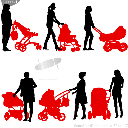 Image of Silhouettes  walkings mothers with baby strollers. Vector illust