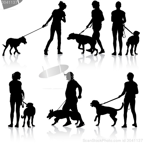 Image of Silhouettes of people and dogs. Vector illustration.