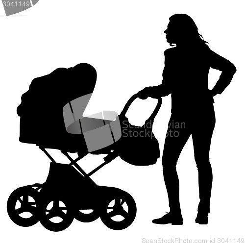 Image of Silhouettes  walkings mothers with baby strollers. Vector illust