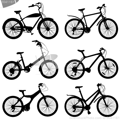 Image of Set of silhouettes of different bikes. Vector illustration.