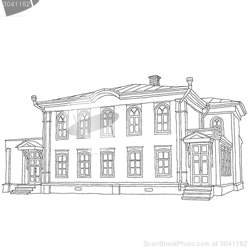 Image of House sketch two-storey wooden house Ulyanov Lenin. Vector illus