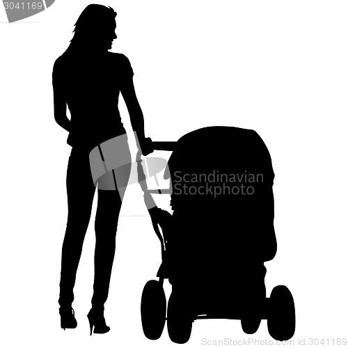 Image of Silhouettes  walkings mothers with baby strollers. Vector illust