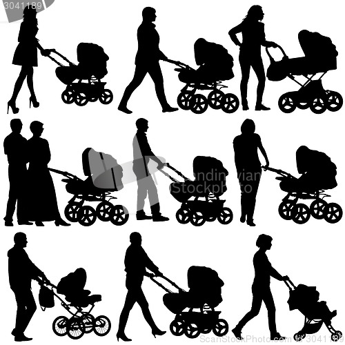 Image of Silhouettes  walkings mothers with baby strollers. Vector illust