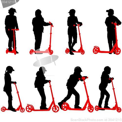 Image of Set of silhouettes of children riding on scooters. Vector illust