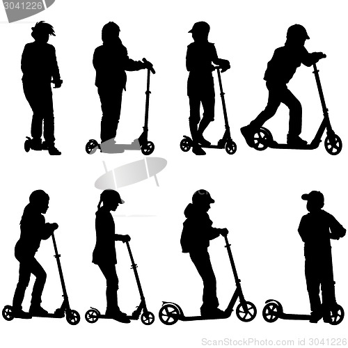 Image of Set of silhouettes of children riding on scooters. Vector illust