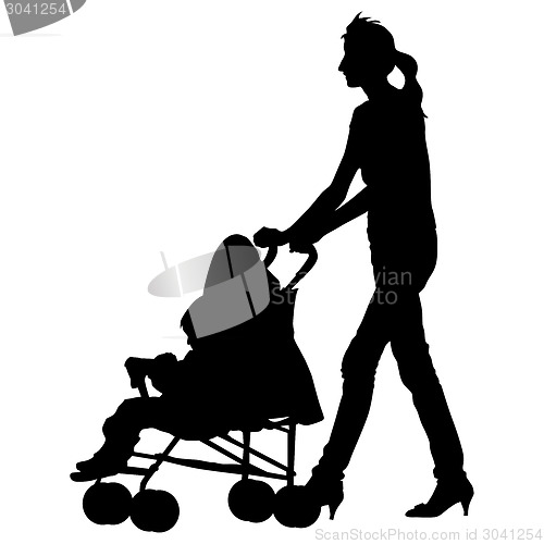 Image of Silhouettes  walkings mothers with baby strollers. Vector illust