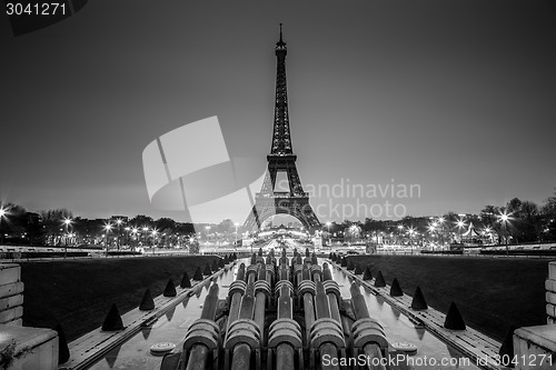 Image of Eiffel tower, Paris, France in black and white.