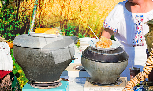 Image of .Traditional Russian dishes on the outdoor celebration.