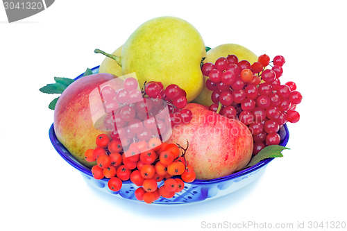 Image of Apples, pears, berries and Rowan in a vase on a white background