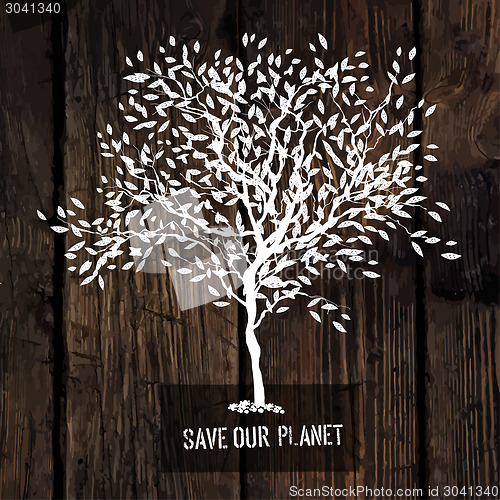 Image of Tree Silhouette on Wooden Texture. Ecology Poster Concept