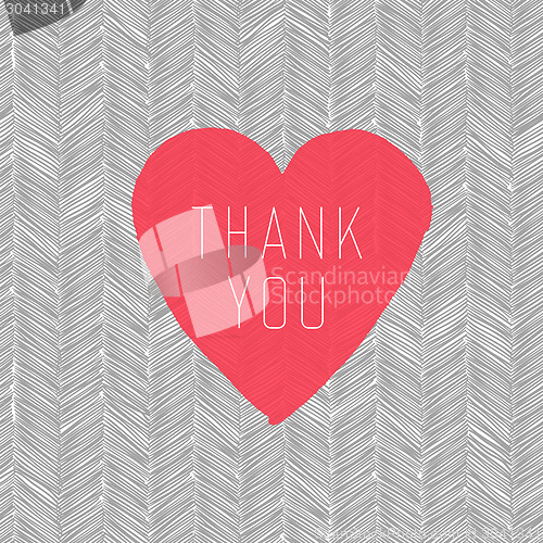 Image of "Thank You" Card with Heart Symbol on  Hand Drawn Pattern