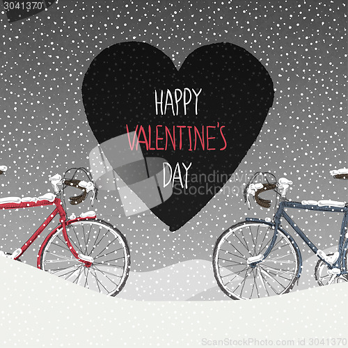 Image of Valentines Card. Snow Covered Bicycles, Calm Winter Scene