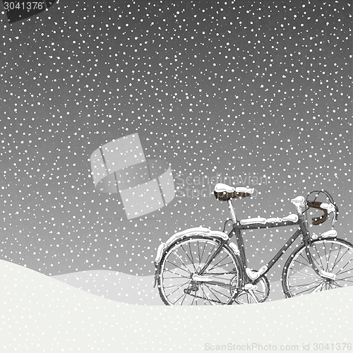 Image of Snow Covered Bicycle Illustration, Calm Winter Scene