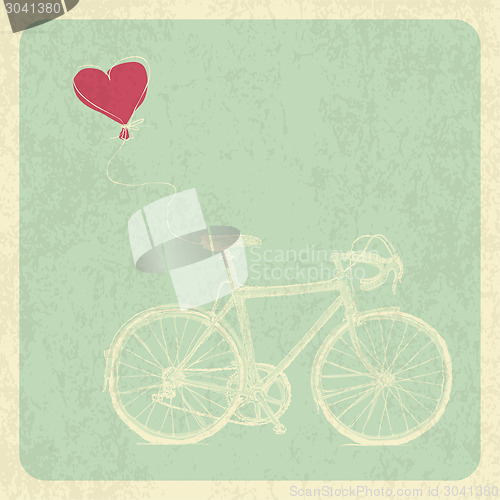 Image of Vintage Valentines Card with Bicycle and Heart Baloon