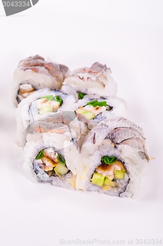 Image of raw prawn sushi roll with eel 