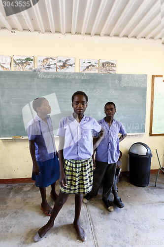 Image of Happy Namibian school children waiting for a lesson.