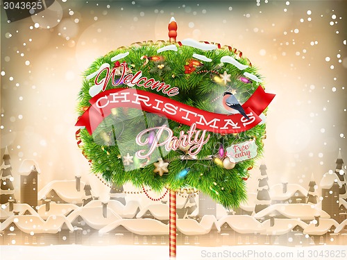 Image of Wooden banner with Christmas Fur-tree branches.