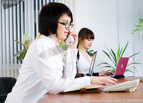 Image of Young attractive business ladies working in office