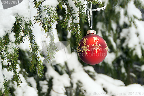 Image of New year red ball on winter forest background