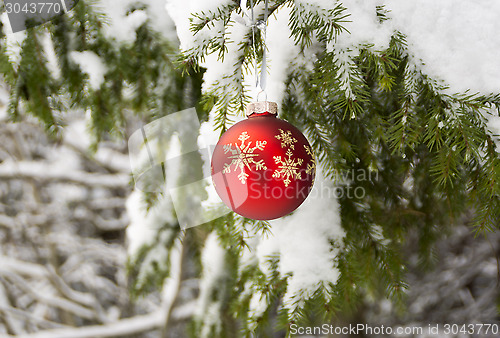 Image of Christmas red ball on winter snow 