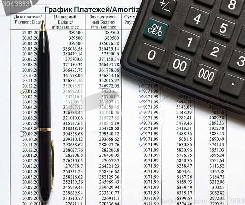 Image of Schedule of payments on the credit and calculator 