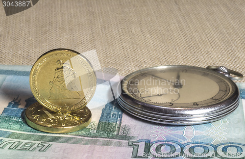 Image of Retro watch, money and coins