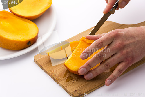 Image of Juicy Fruit Chip Being Sliced Off A Mango Third