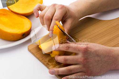 Image of Peeling Off The Fruit Flesh From The Mango Skin