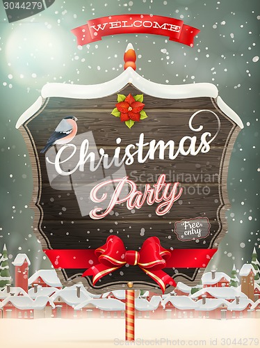 Image of Wooden banner with Christmas Fur-tree branches.