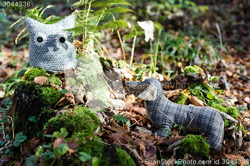 Image of Soft toy dog is chasing an owl in autumn forest