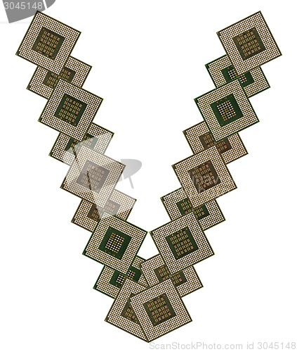 Image of letter V made of old and dirty microprocessors