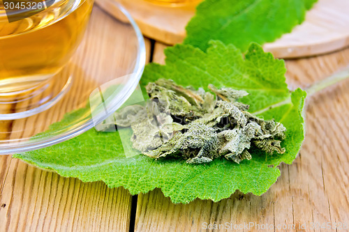 Image of Sage dried on fresh leaf with cup on board