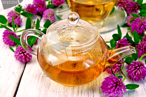 Image of Tea with clover in glass teapot on light board