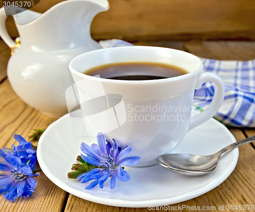 Image of Chicory drink in white cup with milkman on board