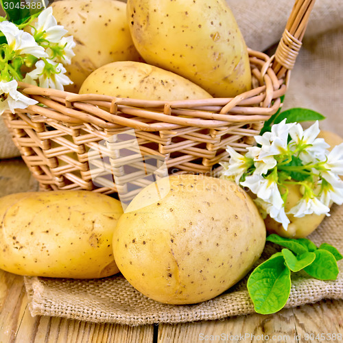 Image of Potatoes yellow with flower and basket on board and sackcloth